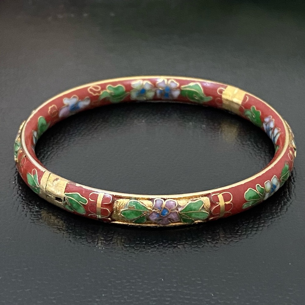 Vintage Multicolored Floral Cloisonne Enamel Hinged Bangle Cuff Bracelet